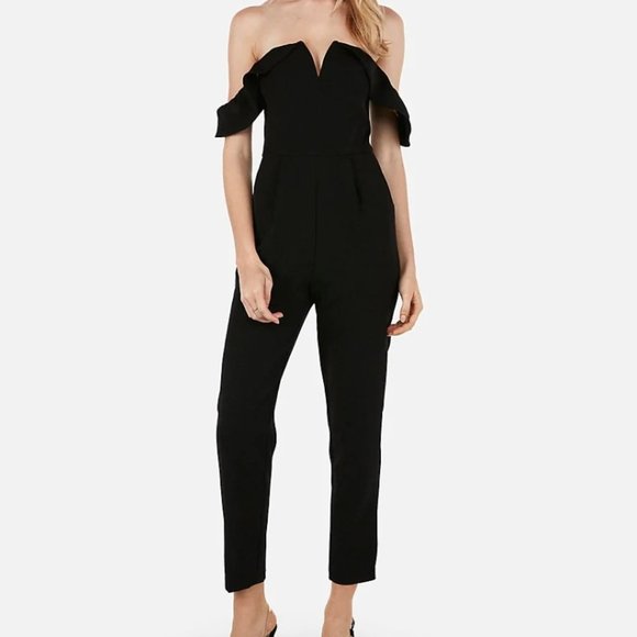 Express Strapless Off-The-Shoulder V-Wire Jumpsuit in Black - Picture 1 of 11